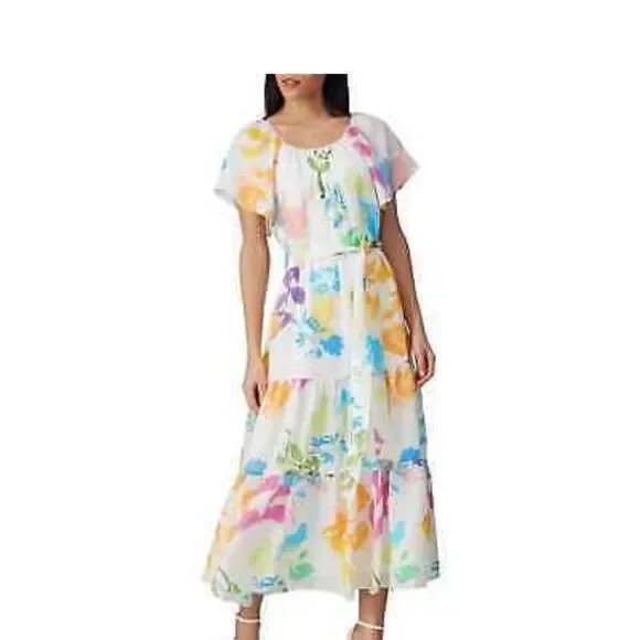 Tanya Taylor Ella Floral Rainbow Dress Silk Midi Flutter Sleeve Size 4 - Picture 7 of 9